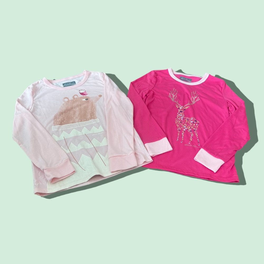 Little Girl Eddie Bauer Set Of Two Pink Long Sleeve Crewnecks Reindeer Size Med